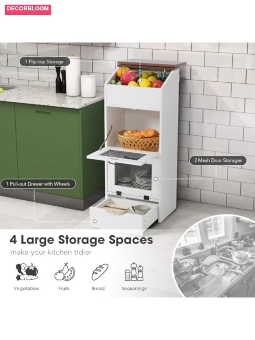 Patiorama 4-Tier Wood Potato Onion Storage Bin Bread Box Wheeled Drawer